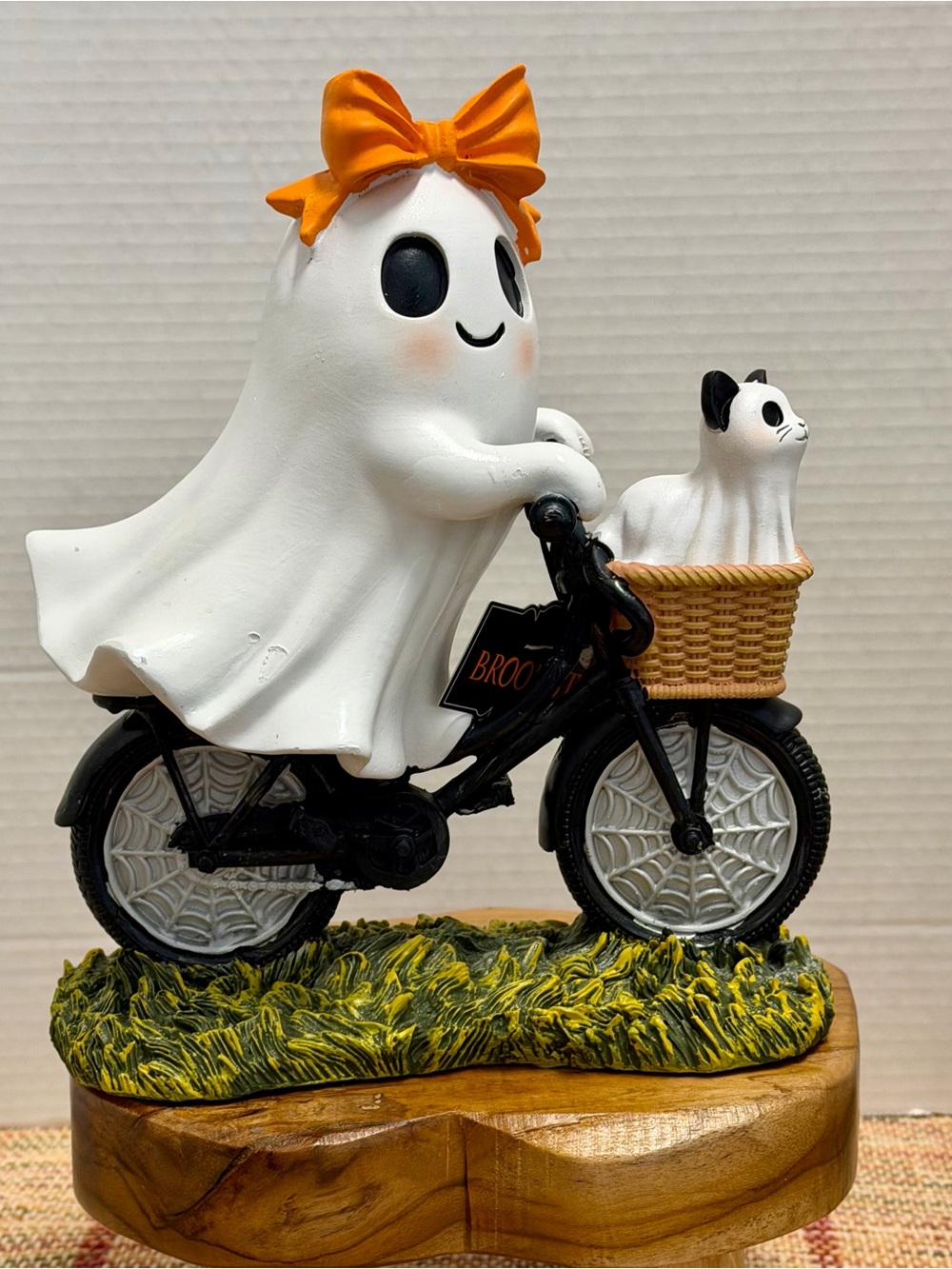 Girl Ghost Riding a Bike, Ghost Cat with Halloween Orange Bow